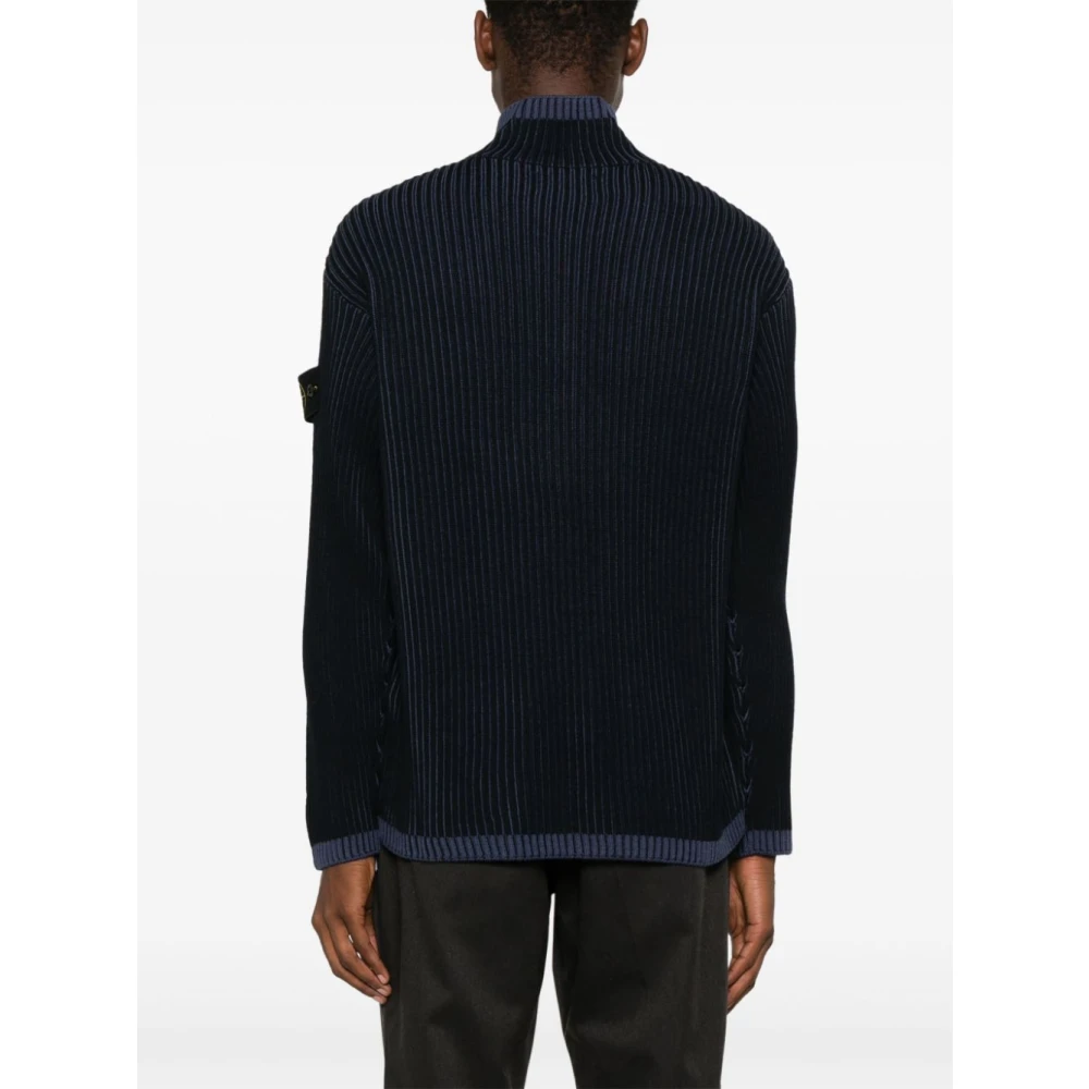 Stone Island Blauwe Ribgebreide Trui Met Opstaande Kraag Blue Heren