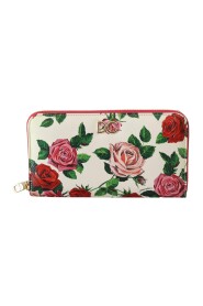White Leather Floral Roses Zip Around Continental Wallet