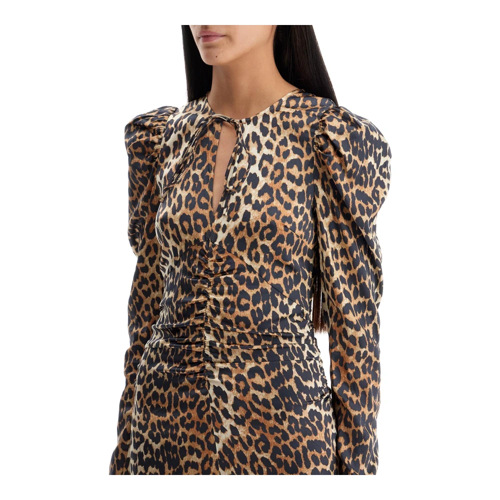 Ganni Midi Jurk met Dierenprint en Pofmouwen Brown Dames