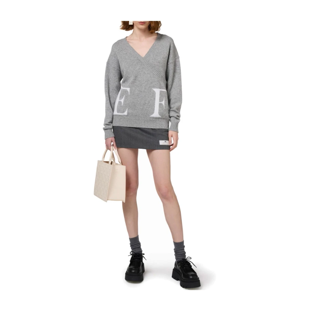 Elisabetta Franchi Logo Wollen Blend Cross Sweater Gray Dames