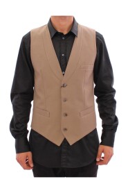 Beige Cotton Slim Fit Button Front Dress Vest