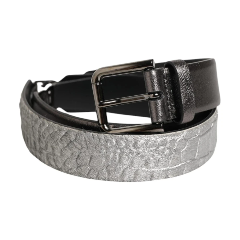 Dolce & Gabbana Men's Gray Pebbled Texture Leather Buckle Belt