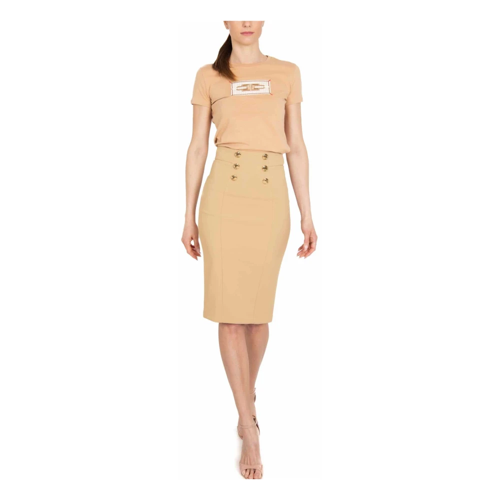 Elisabetta Franchi Hoge taille stretch crêpe midi rok kameel Brown Dames