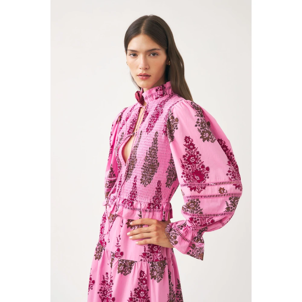 Antik batik Smocked en met de hand bedrukte maxi jurk Muguet Pink Dames