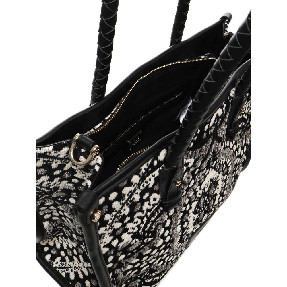 V73 Gestreepte stoffen boodschappentas met gevlochten handvatten Black Dames