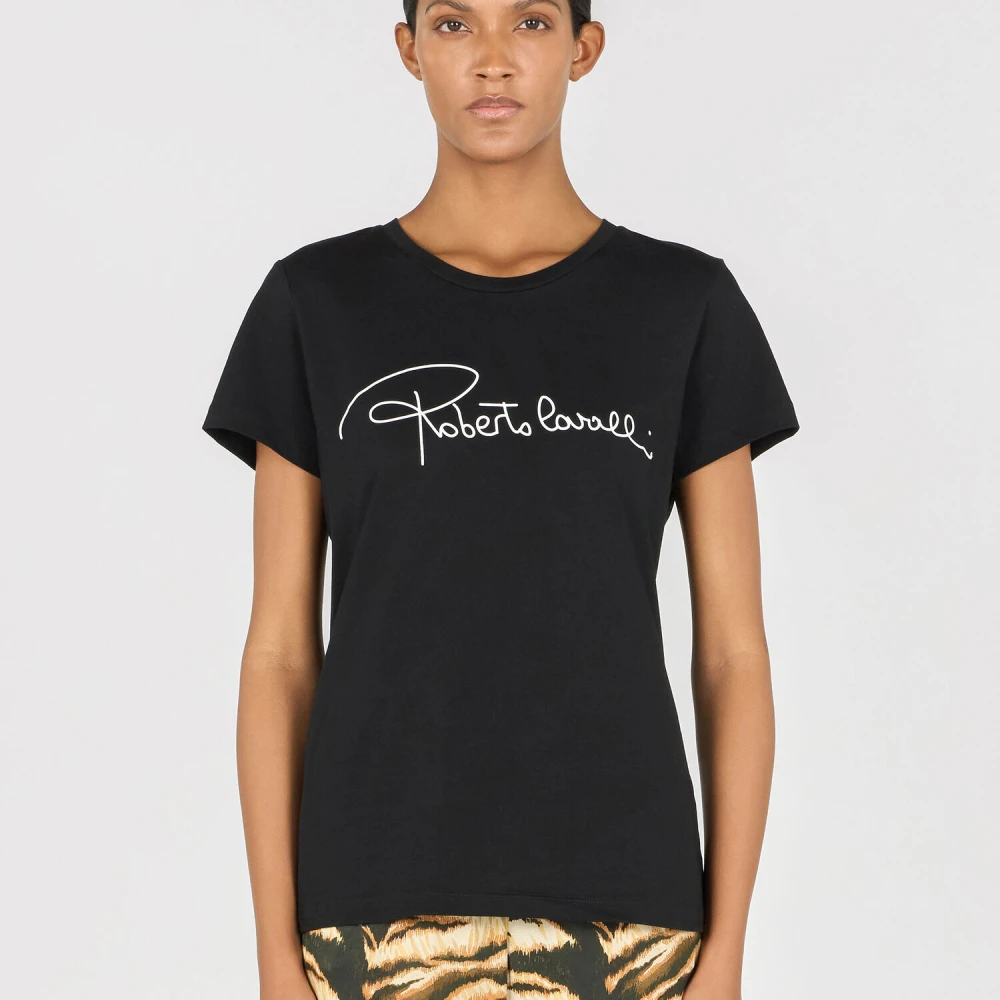 Roberto Cavalli T-shirt met opdruk en ronde hals Black Dames