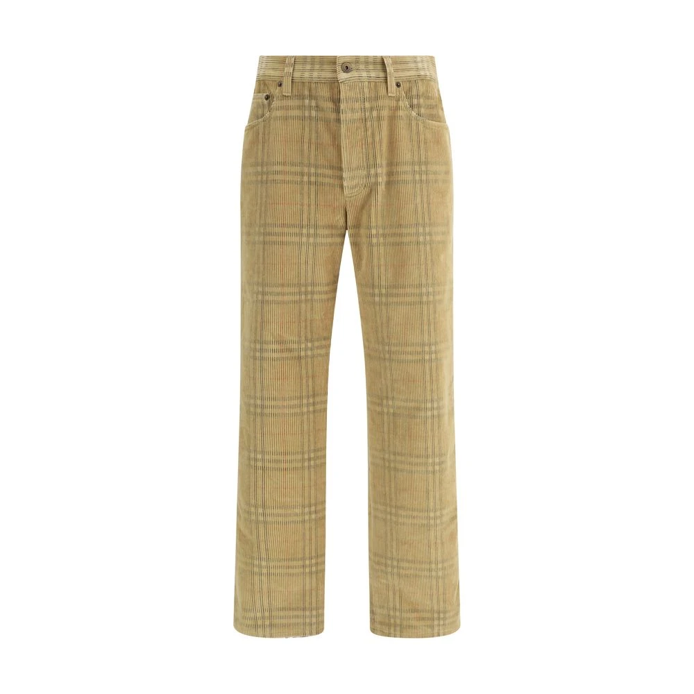 Burberry Men's Yellow Velvet Ribbed Trousers With Check Motif - Straight Trousers - Xl - Trousers