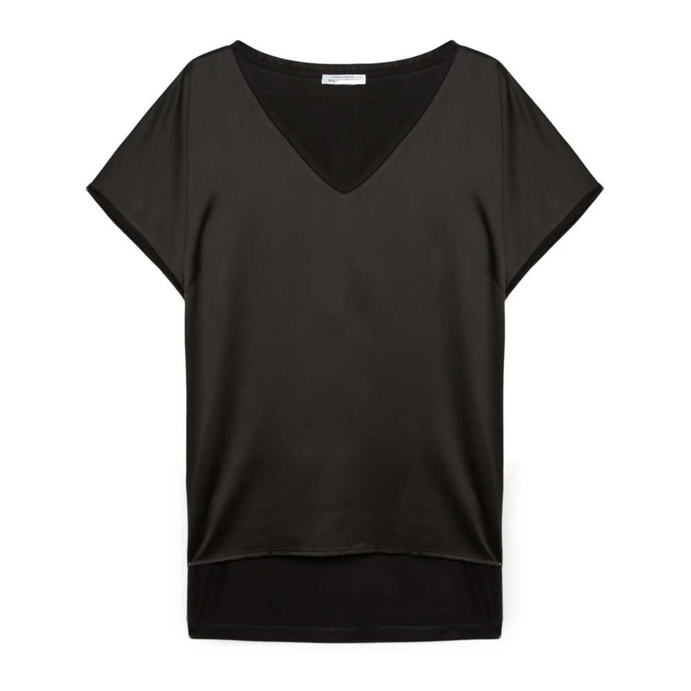 Fiorella Rubino Satin en Jersey V-Hals T-Shirt Black Dames