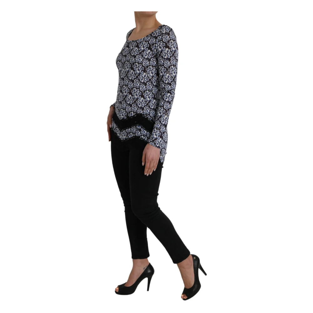 Just Cavalli Blauwe Bloemen Kant Lange Mouw Top Multicolor Dames