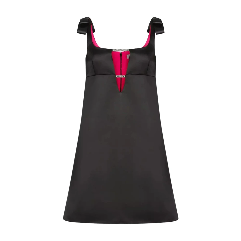 Nina Ricci Zwarte Satijnen Mini Jurk met Kristalversierde V-Hals Black Dames