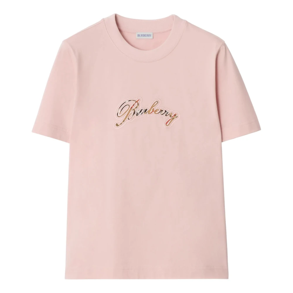 Burberry Women's Pink T-Shirts, Xs, Check Cursive Logo Cotton T-Shirt