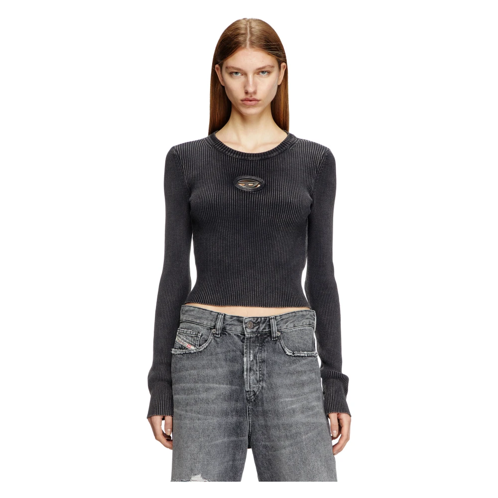 Diesel Geribbeld katoenen top met frontlogo Black Dames