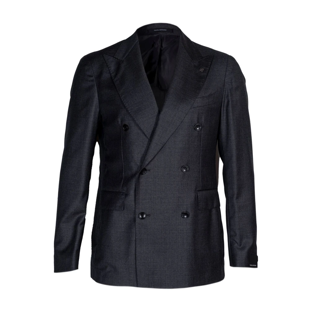 Tagliatore Compleet herenpak. Dubbelrijig model met peak revers. Drop 8. Klepzak. Half gevoerd jasje. Slim-fit broek met plooien. Gemaakt in Italië Blue Heren