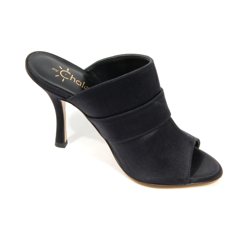 Mychalom Women's Black Heeled Mules, 5 Uk, Satin Sandals Made In Italy