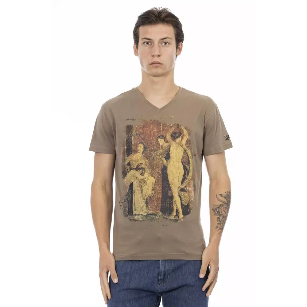 Trussardi Men's Brown T-Shirts, L, Elegant V-Neck Tee With Frontprint