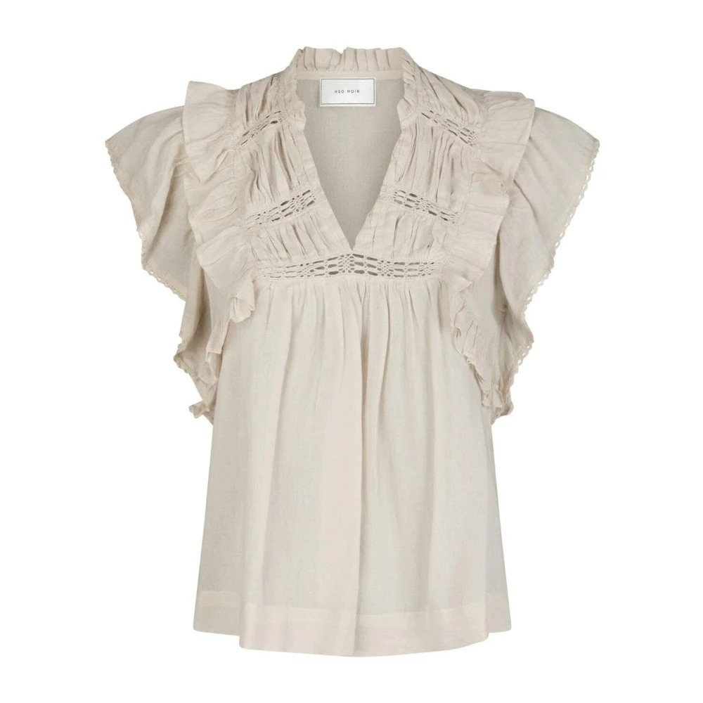 Neo Noir Women's Beige Blouses, Xs, Feminine Voile Blouse With Ruffles
