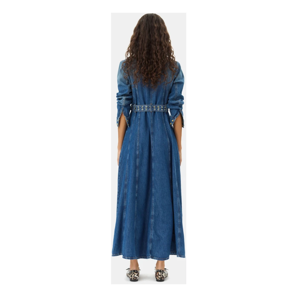 Ganni Blauwe Denim Maxi Jurk met Kraag Blue Dames