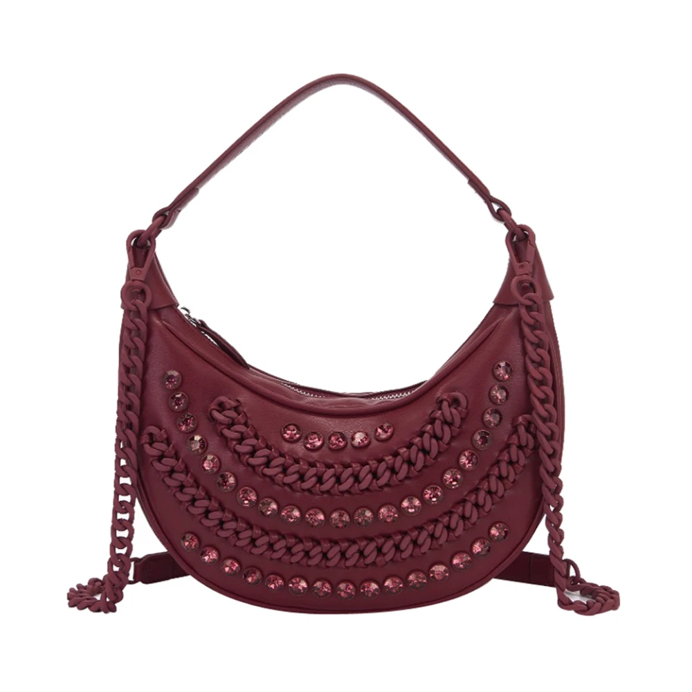 La Carrie Women's Red Shoulder Bags, One Size, Bordeaux Handbag With Chains And Rhinestones