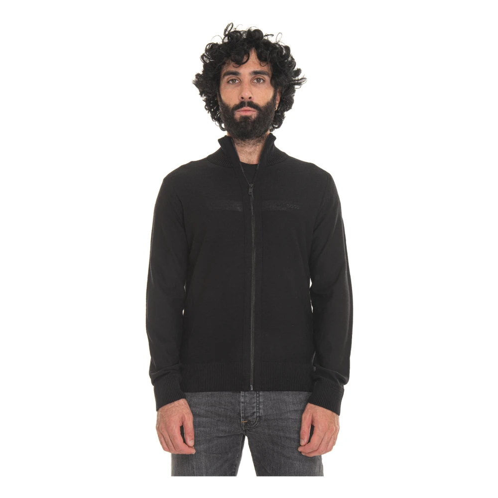 Boss Wol wollen cardigan met rits Black Heren