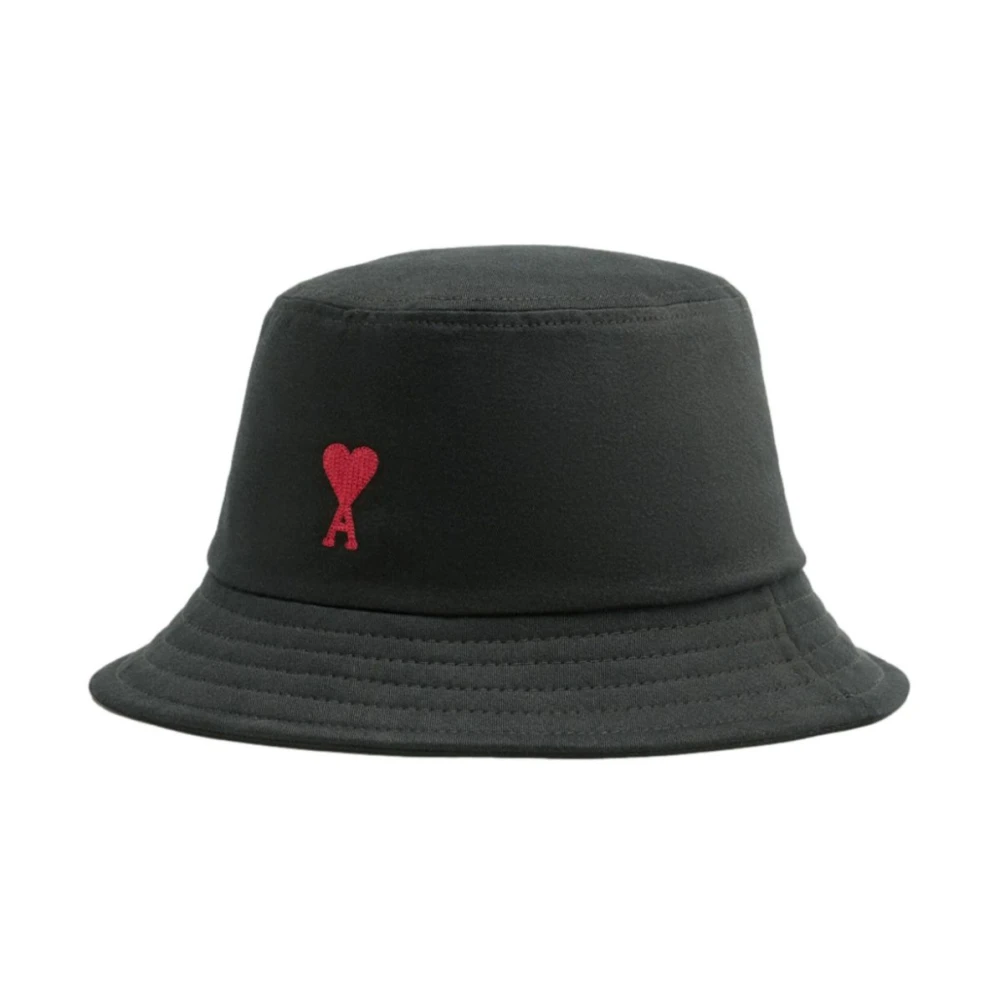 Ami Paris Zwarte Katoenen Logo Geborduurde Platte Rand Hoed Black Heren