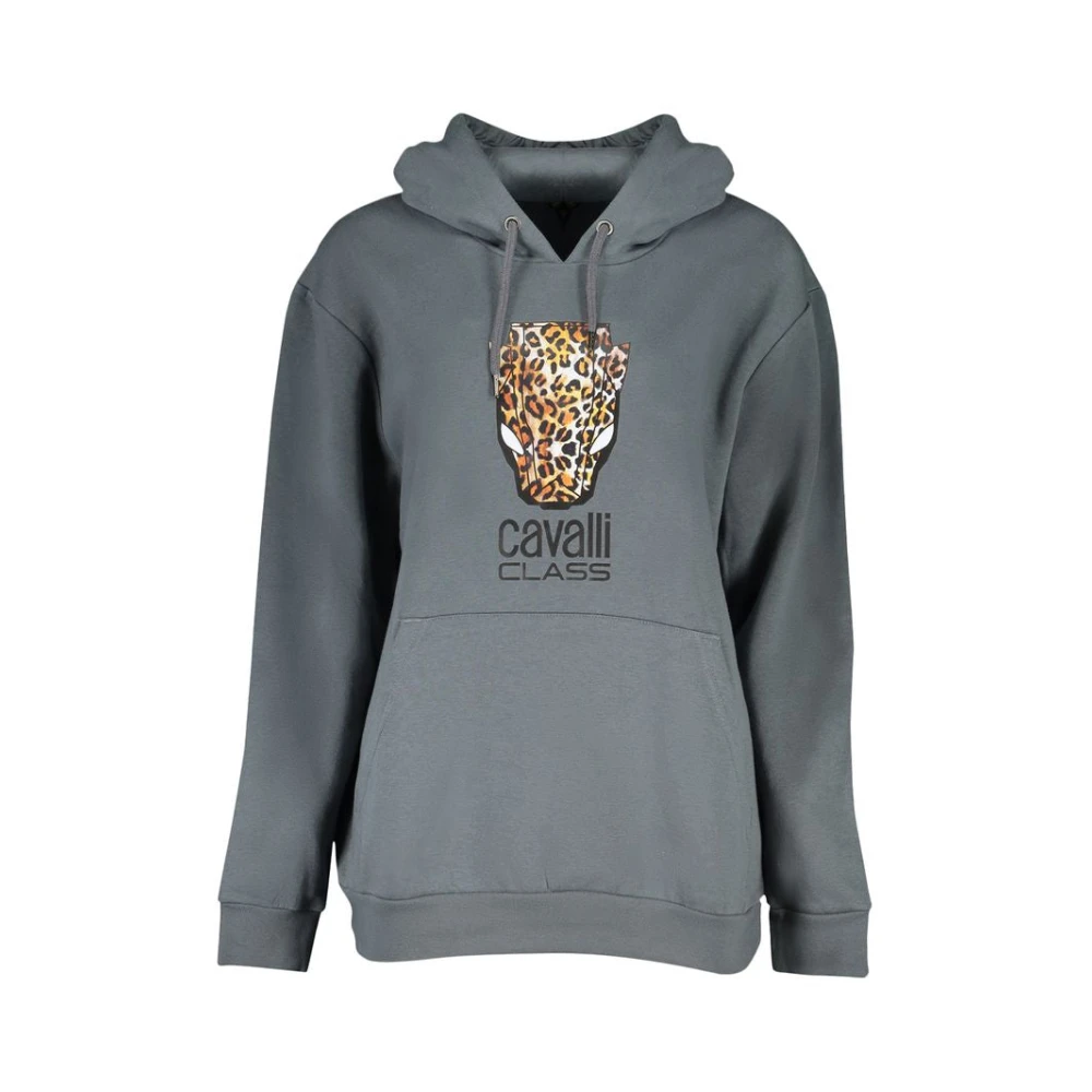Cavalli Class Grijs fleece sweatshirt met capuchon en print Gray Dames