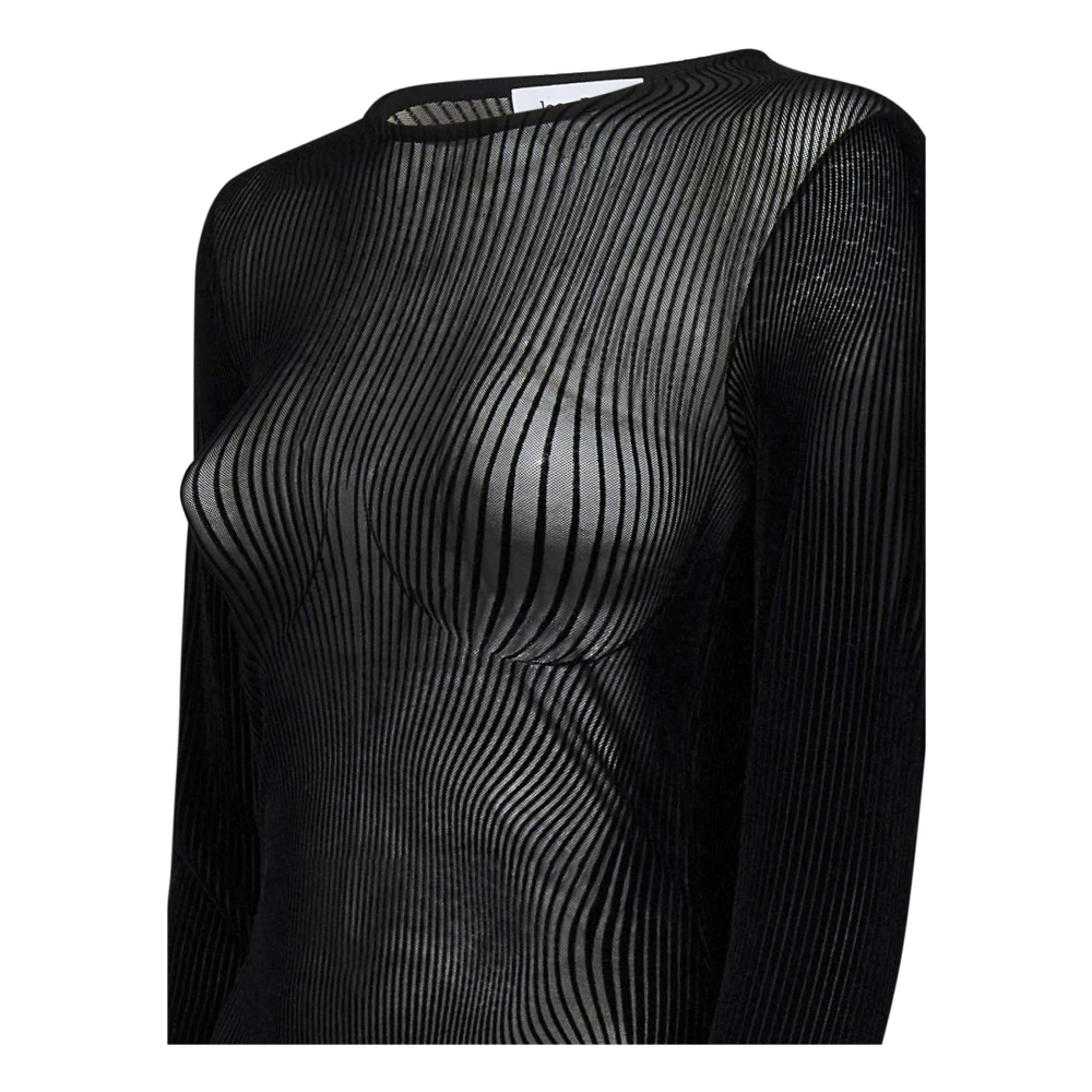 Jean Paul Gaultier Zwart Ronde Hals Fluweel Streep Strakke Pasvorm Black Dames