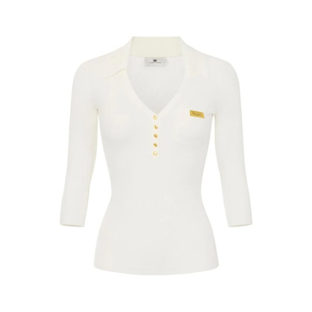 Elisabetta Franchi Women's White V-Neck Knitwear, M, Micro-Braided Knit Polo Shirt