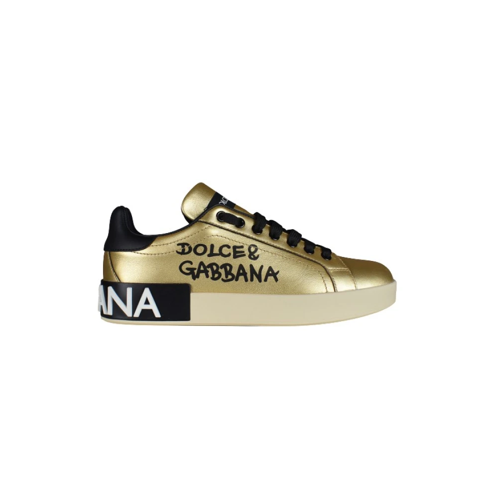 Dolce & Gabbana Gold Foiled Portofino Trainers - Female - Sneakers - Yellow - 4 Uk - Shoes