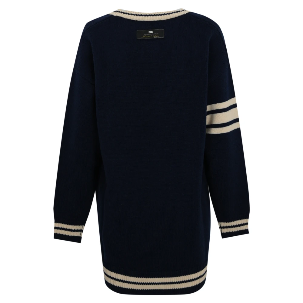 Elisabetta Franchi Korte Gebreide Jurk Lange Mouw V-Hals Blue Dames