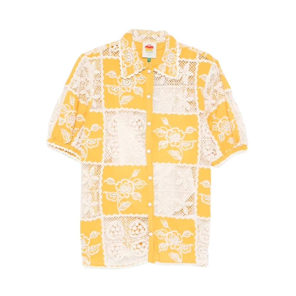 Farm Rio Women's Yellow Shirts, M, Lace Short Sleeve Shirt