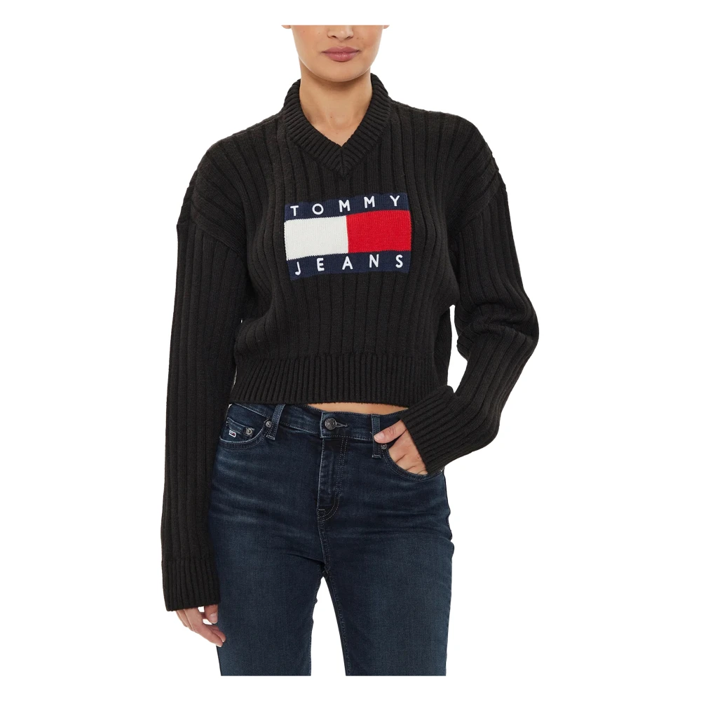 Tommy Hilfiger Zwarte Bedrukte V-hals Trui Black Dames