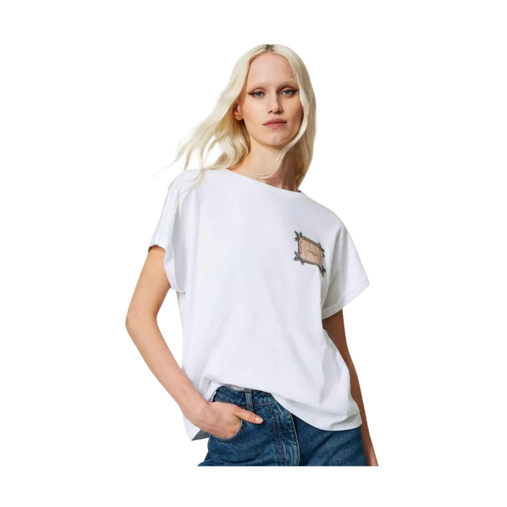 Twinset Katoenen T-shirt met Logo Borduursel en Strass White Dames