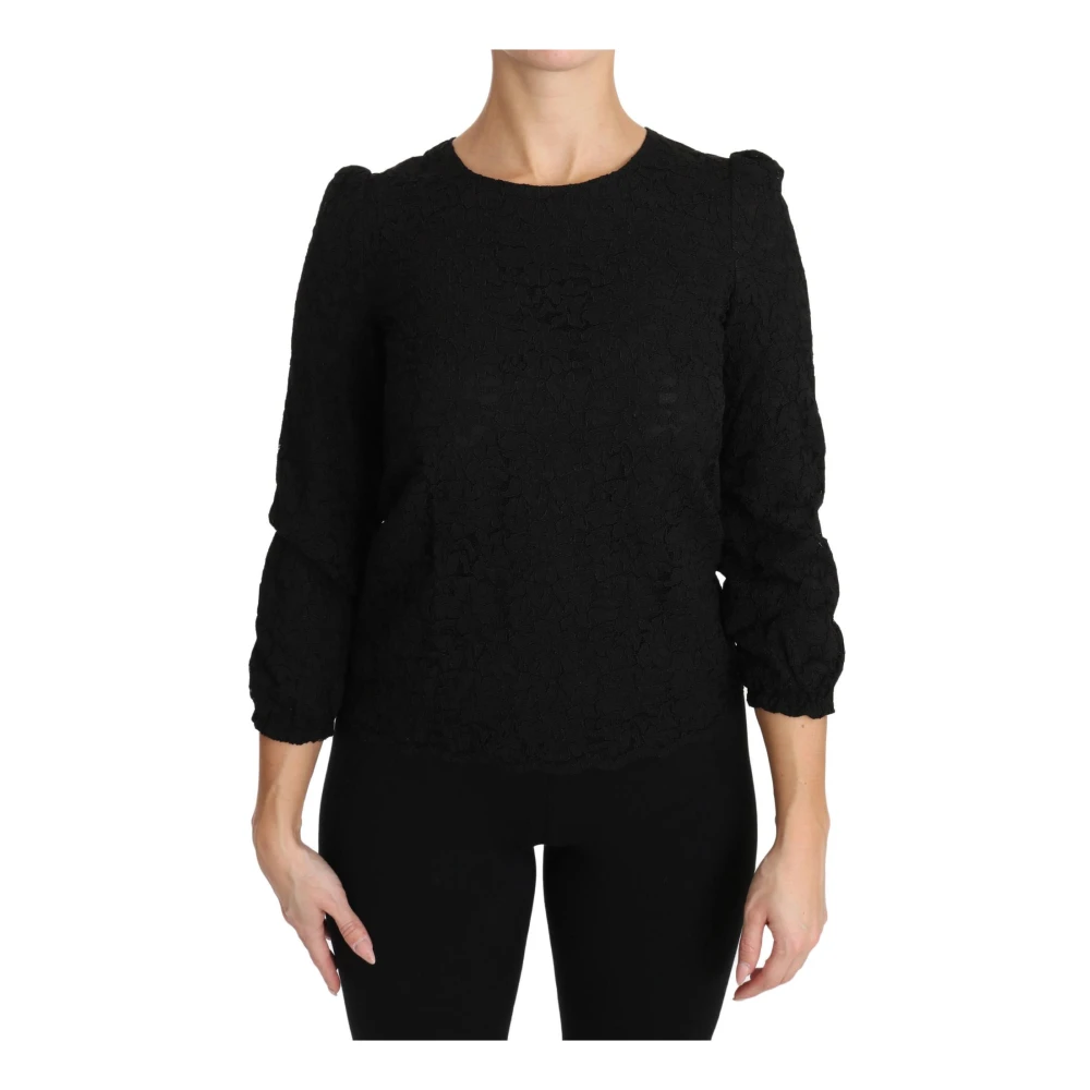 Dolce & Gabbana Women's Black Floral Lace Zipper Top Blouse - Round-Neck Knitwear - 2XS - Knitwear