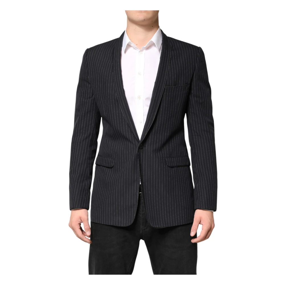 Dolce & Gabbana Men's Black Blazers, M, Stripes 1 Button Suit Jacket