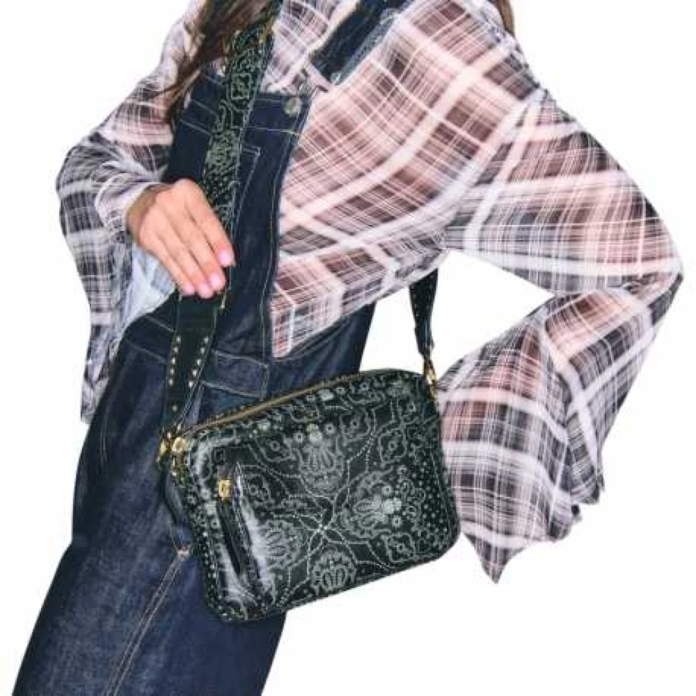Claris Virot Zwarte Bandana Print Leren Schoudertas Black Dames