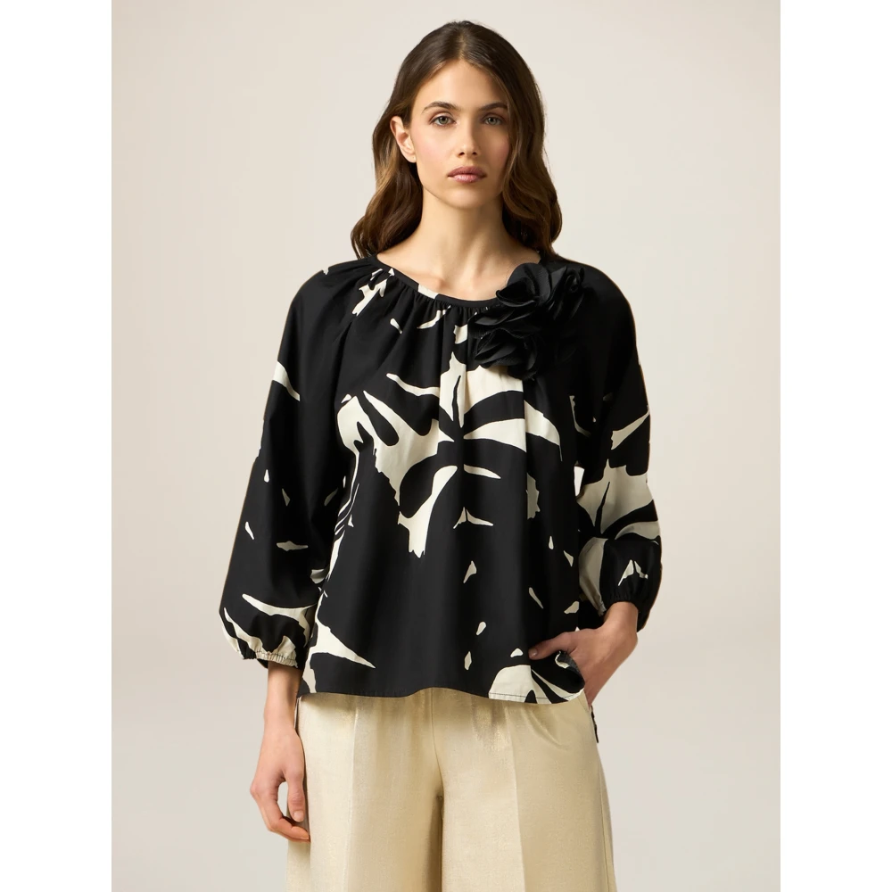 Oltre Bloemenkatoenen blouse met broche Multicolor Dames
