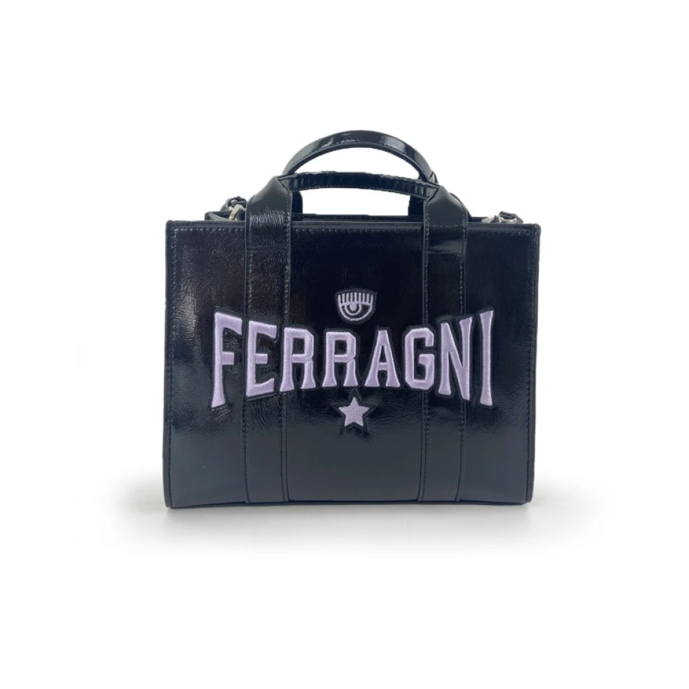 Chiara Ferragni Collection Zwarte lakleren tote tas met mauve letters Black Dames