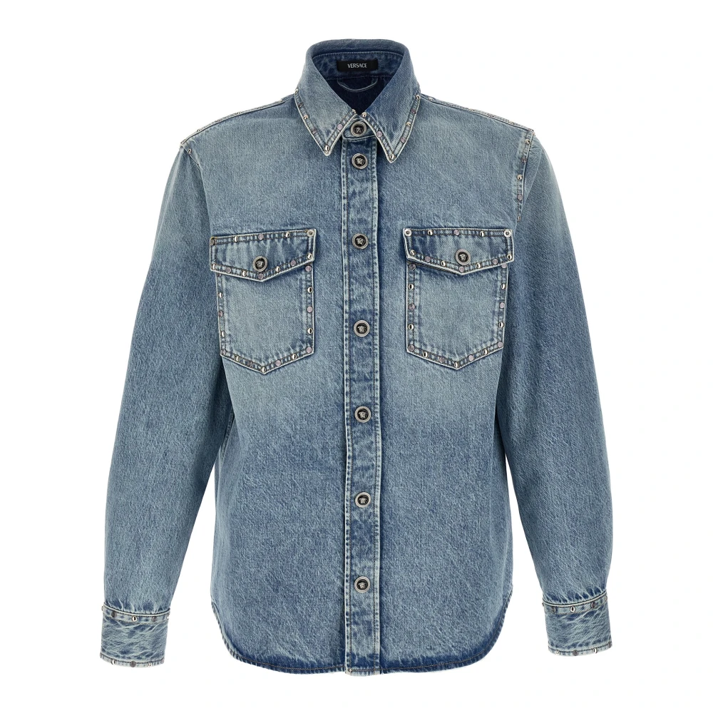 Versace Men's Blue Embellished Denim Overshirt - Denim Shirts - Xl - Shirts