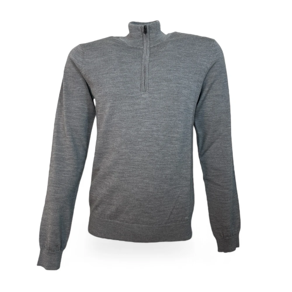 Hugo Boss Heren Fijngebreide Trui met Troyer Kraag Gray Heren