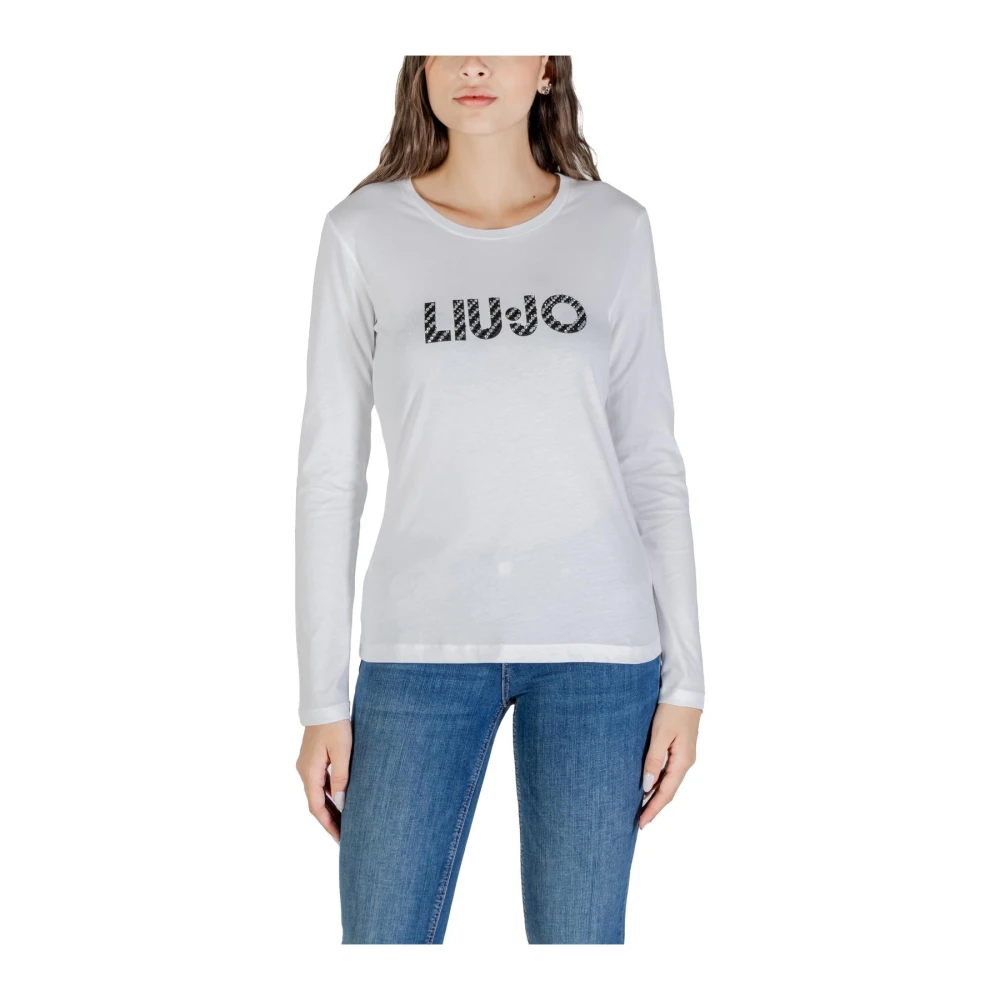Liu Jo Vrouw Wit Tops Dames, S, Katoen, Gedrukte Katoenen Tricot Top Met Lange Mouwen En Ronde Hals