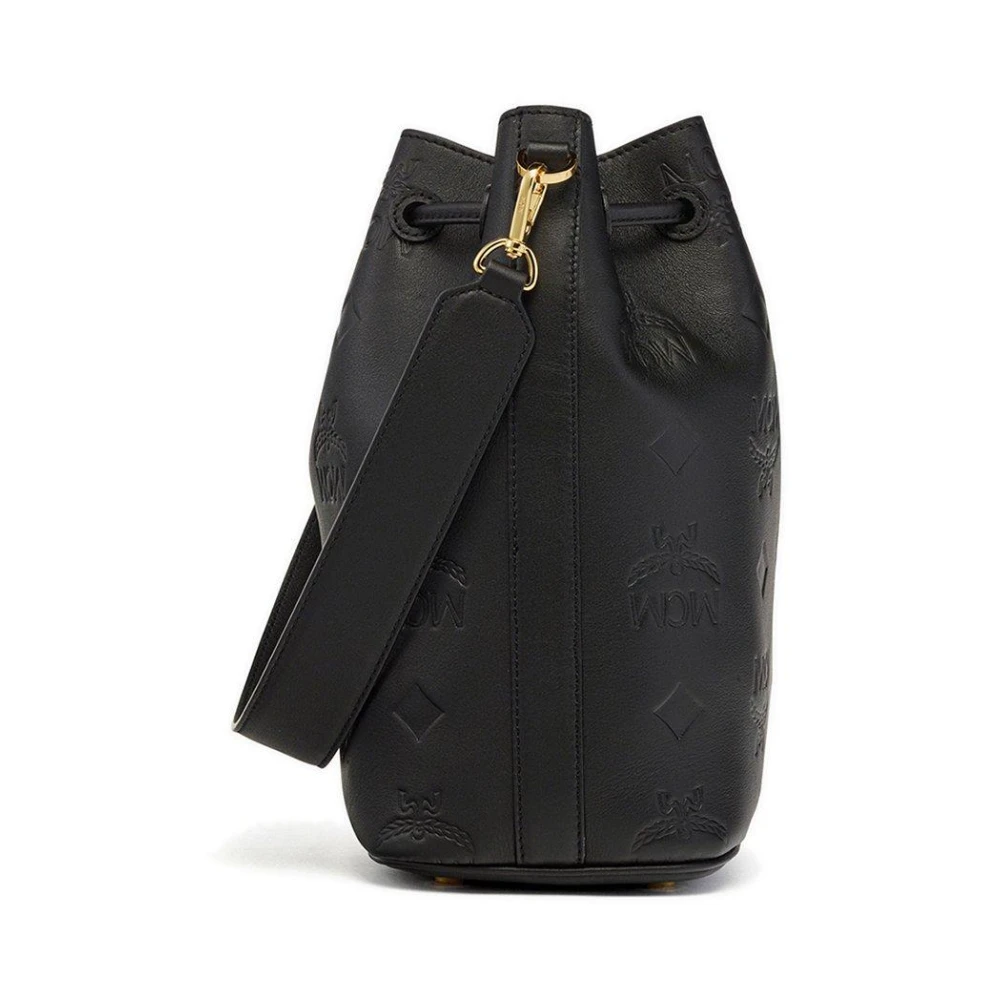 MCM Dessau leren trekkoordtas met reliëf monogram Black Dames