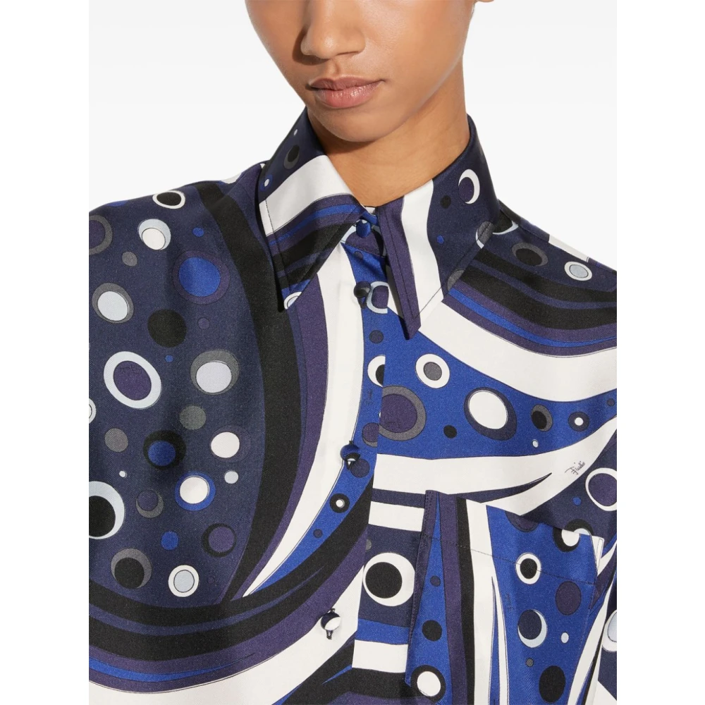 EMILIO PUCCI Swirl Print Zijden Shirt Navy Blauw Blue Dames