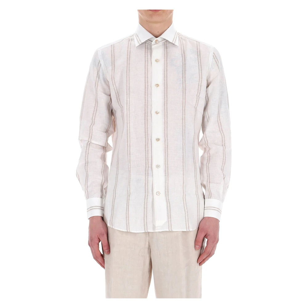 Eleventy Men's White Casual Shirts, L, Striped Linen Shirt