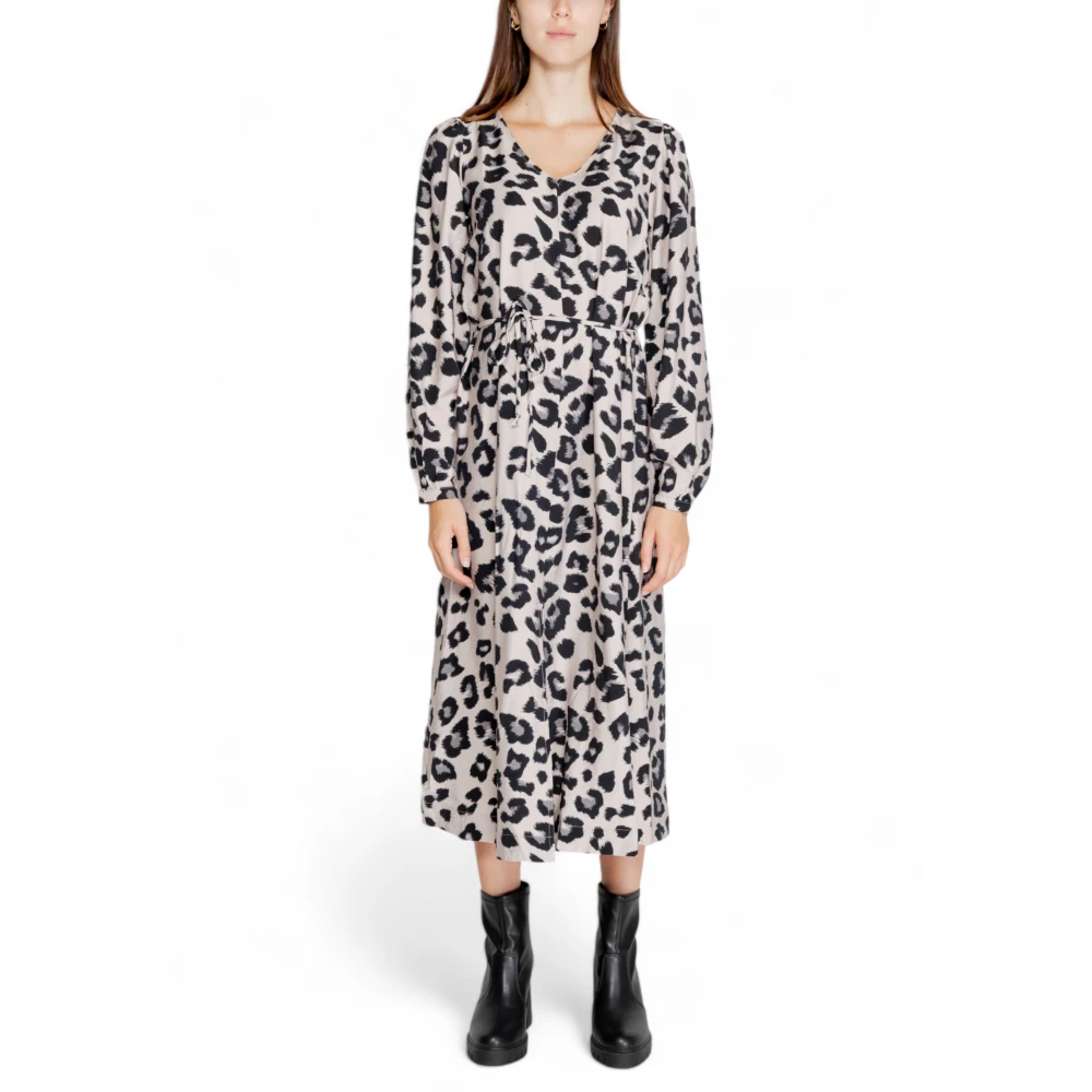 Jacqueline De Yong Women's Gray Midi Dresses, S, Leopard Print Long Sleeve Dress