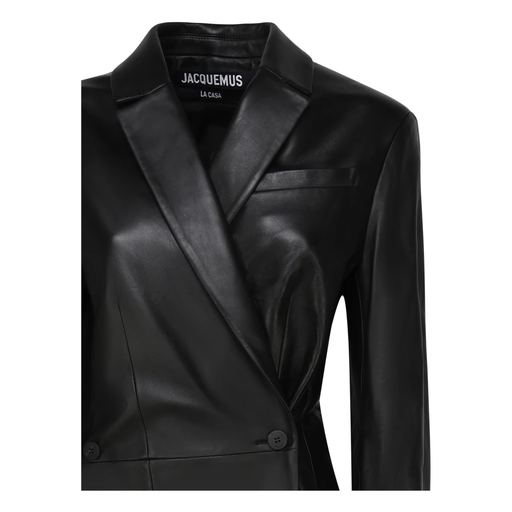 Jacquemus Zwarte Leren Asymmetrische Sluiting Jas Black Dames