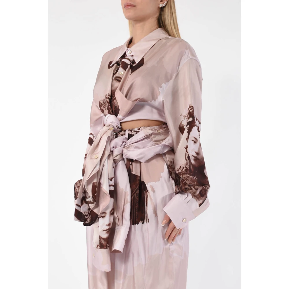 ACT N°1 Zijden Bedrukte Blouse met Voorknoppen Beige Dames