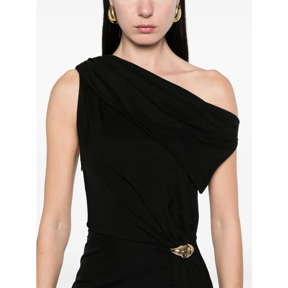 Elisabetta Franchi Zwarte Gedrapeerde Logo Detail Jurk Black Dames
