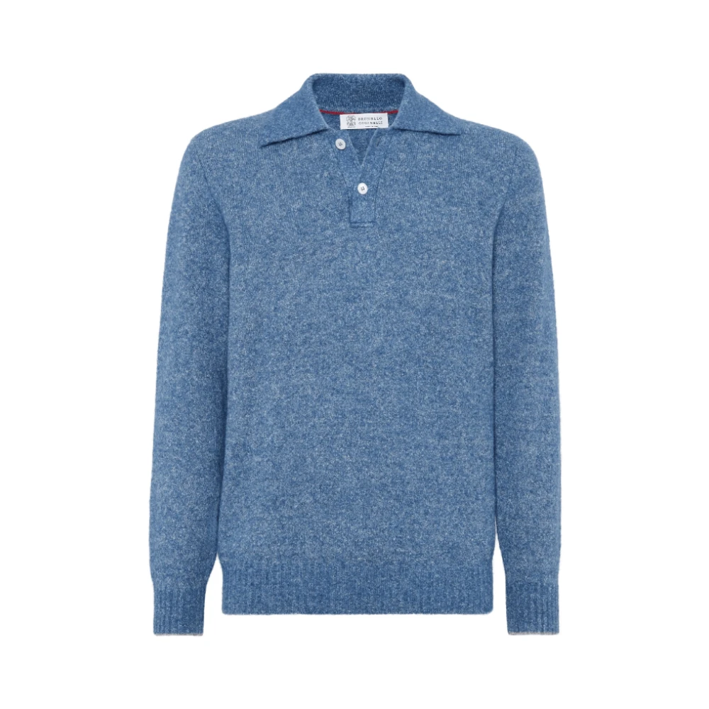 Brunello Cucinelli Blå Stickad Polo Tröja Blue, Herr