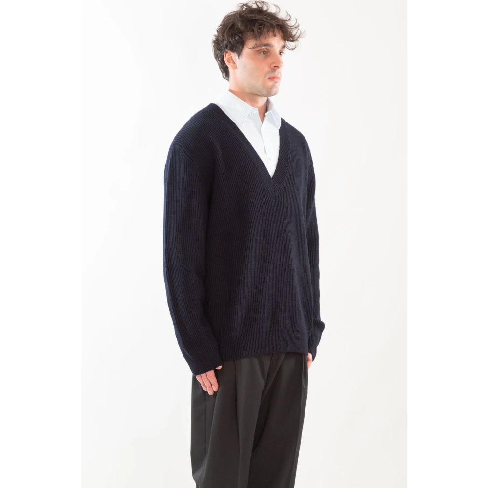 Seven Gauge Geribbelde Merinos V-hals Trui Blue Heren