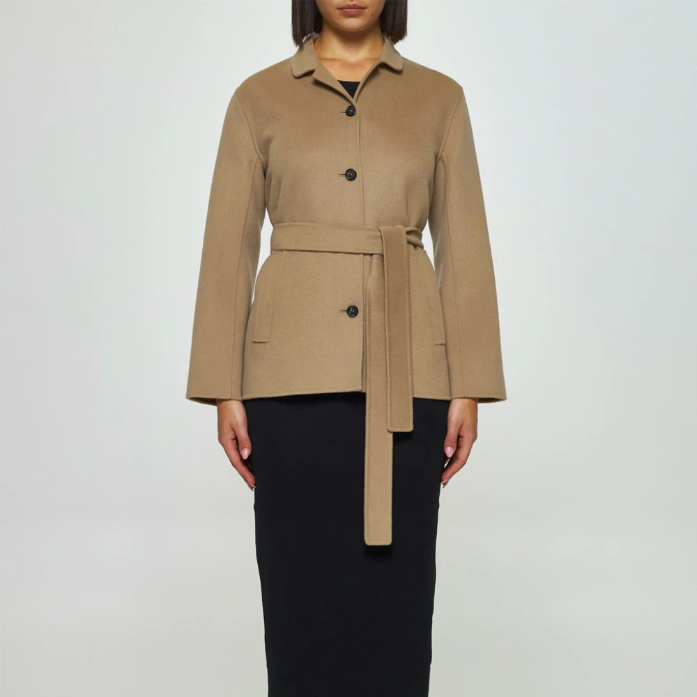 Max Mara Korte Wollen Jas met Riem Brown Dames